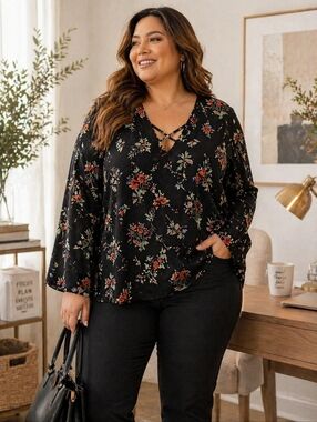 George Black Floral Split Neck Blouse Plus Size XXL Flowy Lightweight Top